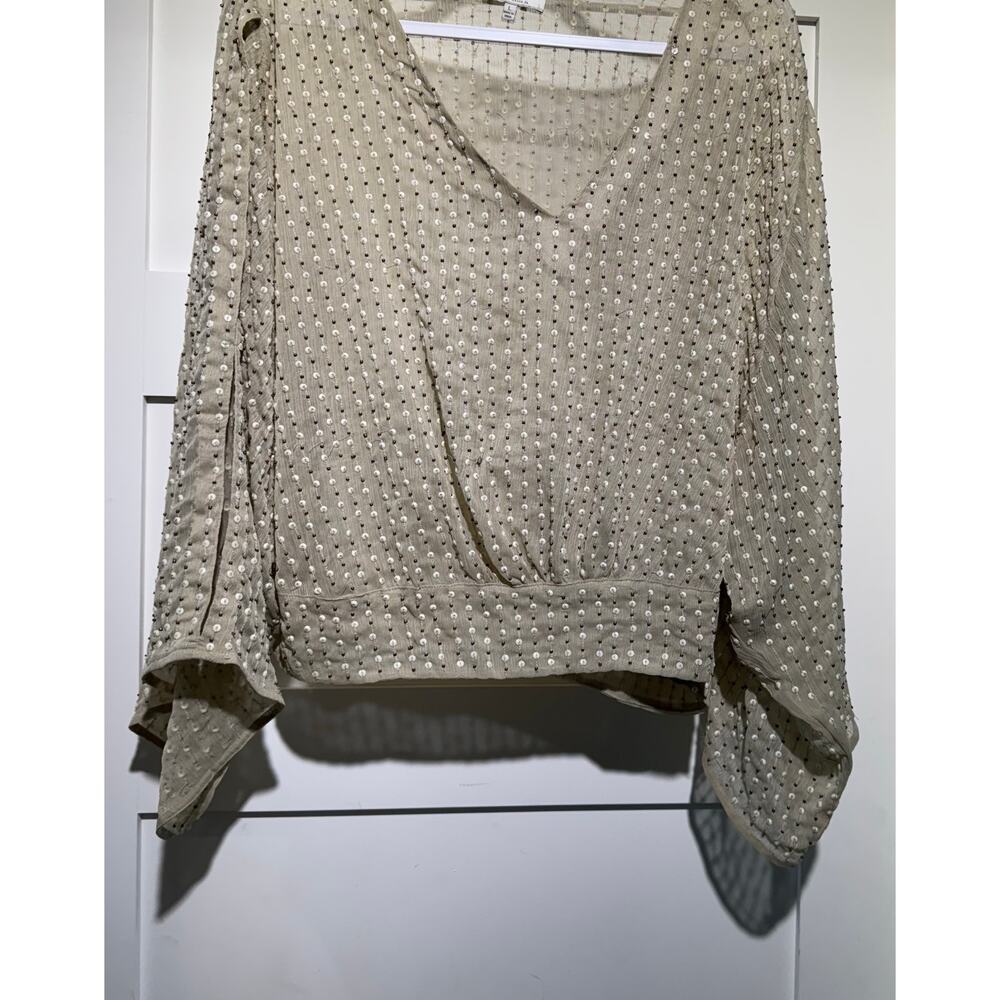 Lucky Brand Tan Chiffon Cropped Kimono Sheer Beaded Top Size Large
